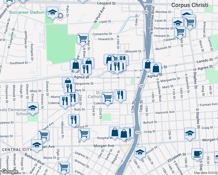 map of restaurants, bars, coffee shops, grocery stores, and more near 504 20th Street in Corpus Christi