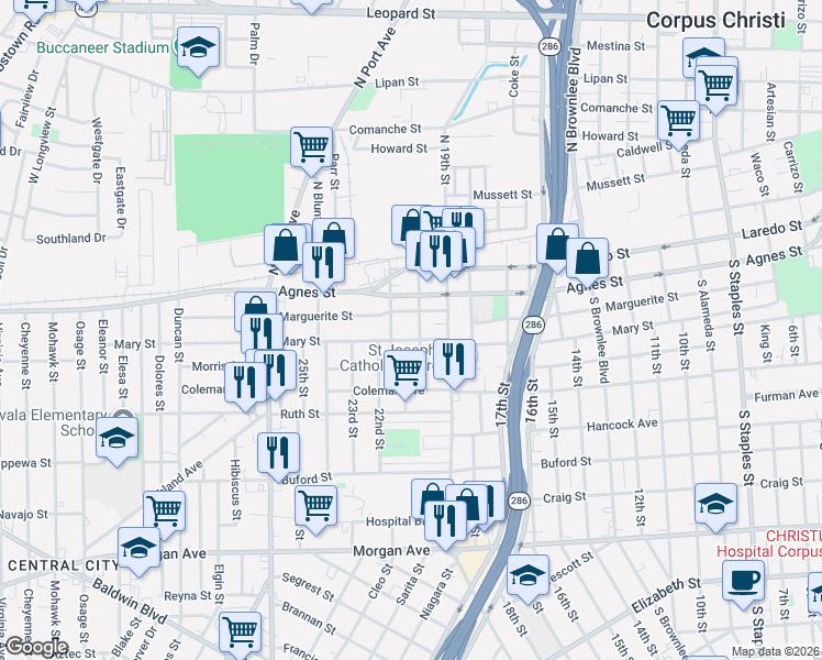 map of restaurants, bars, coffee shops, grocery stores, and more near 504 20th Street in Corpus Christi