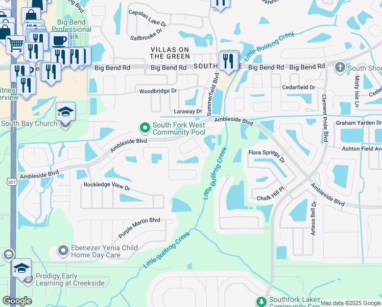 map of restaurants, bars, coffee shops, grocery stores, and more near 11114 Summer Star Drive in Riverview
