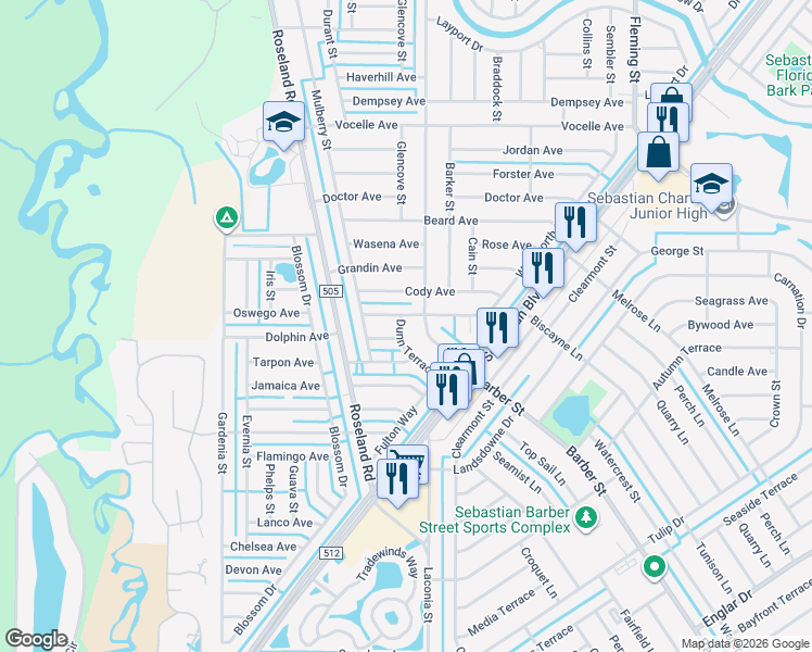 map of restaurants, bars, coffee shops, grocery stores, and more near 811 Dunn Terrace in Sebastian