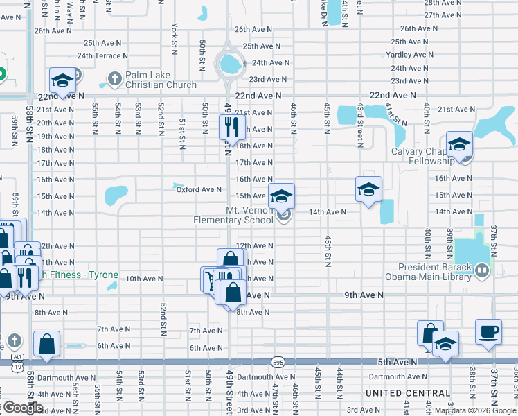 map of restaurants, bars, coffee shops, grocery stores, and more near 4744 15th Avenue North in St. Petersburg