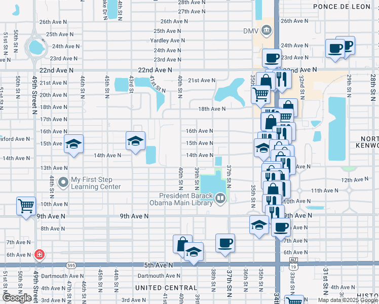 map of restaurants, bars, coffee shops, grocery stores, and more near 3927 14th Avenue North in Saint Petersburg