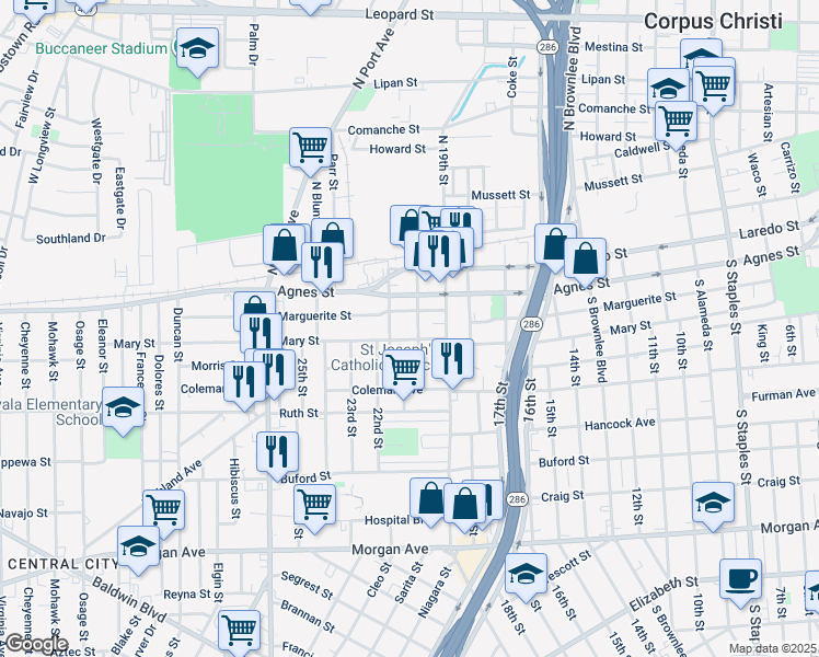map of restaurants, bars, coffee shops, grocery stores, and more near 504 20th Street in Corpus Christi