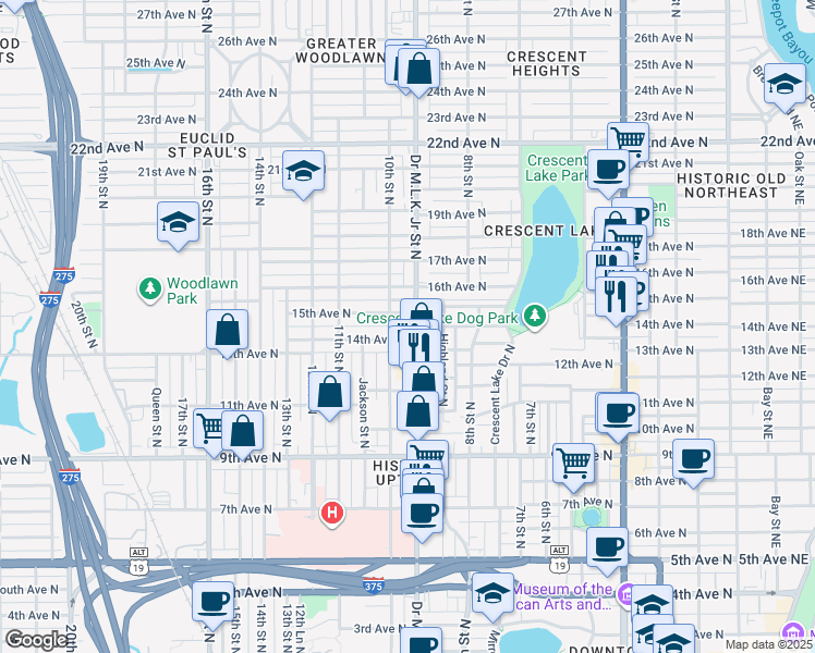 map of restaurants, bars, coffee shops, grocery stores, and more near 1432 9th Street North in St. Petersburg