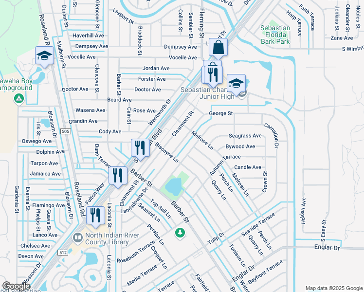 map of restaurants, bars, coffee shops, grocery stores, and more near 1024 Landsdowne Drive in Sebastian