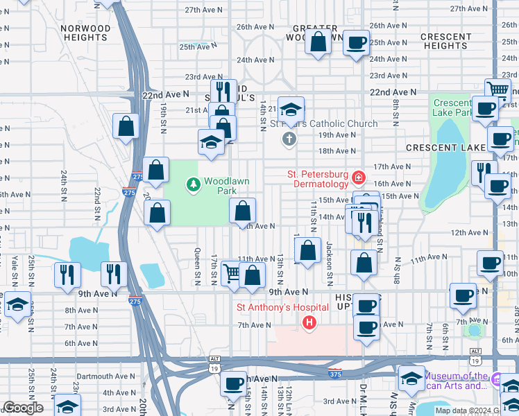 map of restaurants, bars, coffee shops, grocery stores, and more near 1420 14th Street North in St. Petersburg