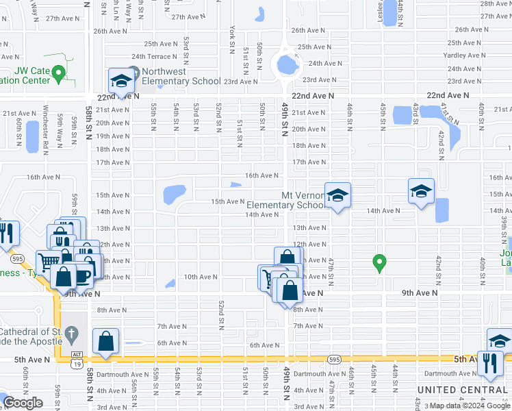 map of restaurants, bars, coffee shops, grocery stores, and more near 1435 50th Street North in St. Petersburg