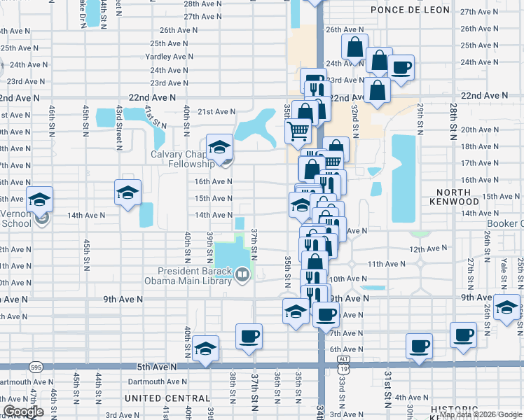 map of restaurants, bars, coffee shops, grocery stores, and more near 3619 14th Avenue North in St. Petersburg