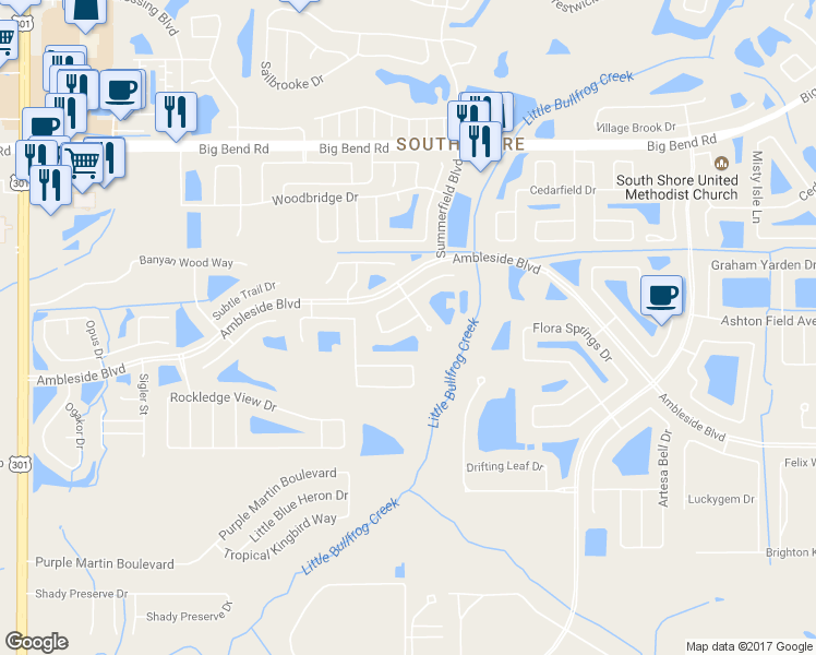 map of restaurants, bars, coffee shops, grocery stores, and more near 11110 Summer Star Drive in Riverview