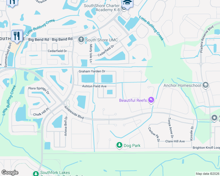 map of restaurants, bars, coffee shops, grocery stores, and more near 11615 Ashton Field Avenue in Riverview