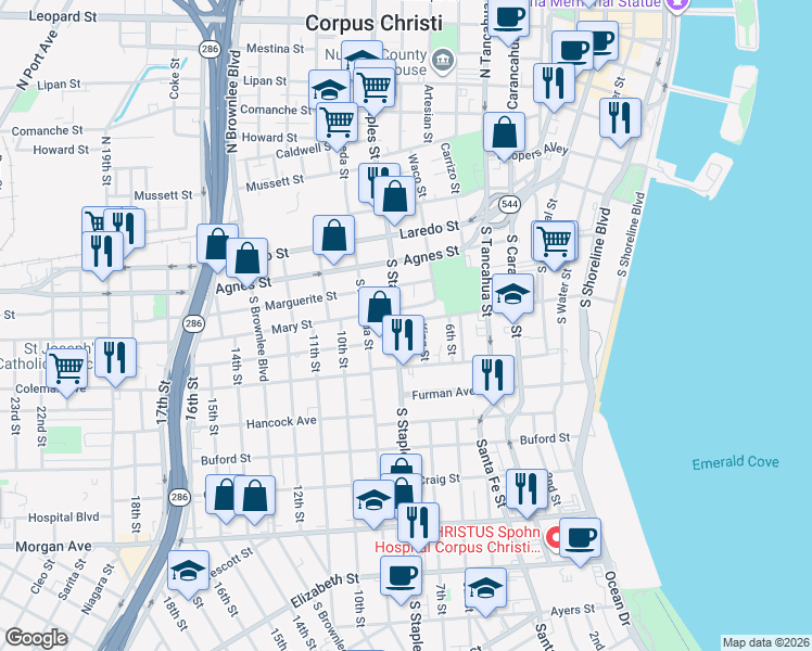 map of restaurants, bars, coffee shops, grocery stores, and more near 1009 Park Avenue in Corpus Christi