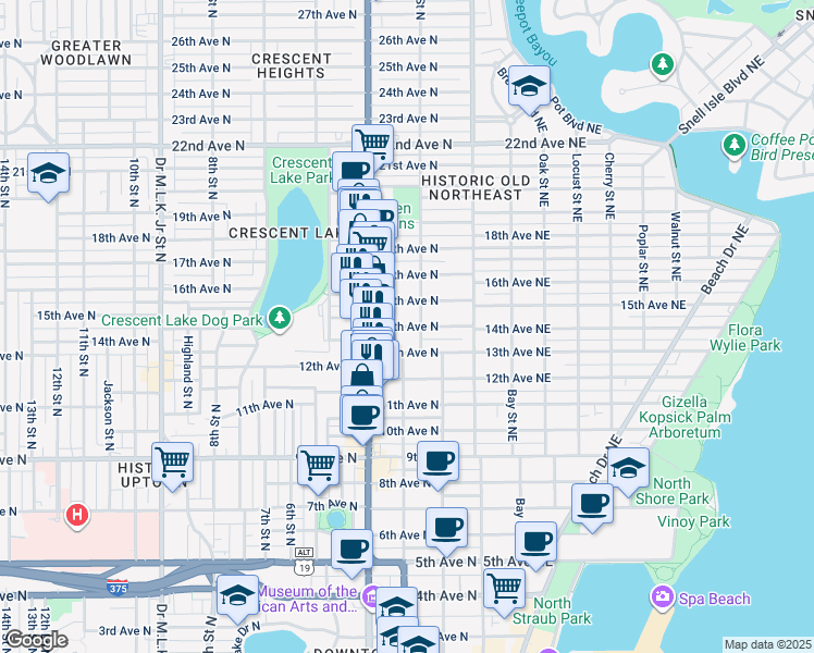 map of restaurants, bars, coffee shops, grocery stores, and more near 201 14th Avenue Northeast in St. Petersburg