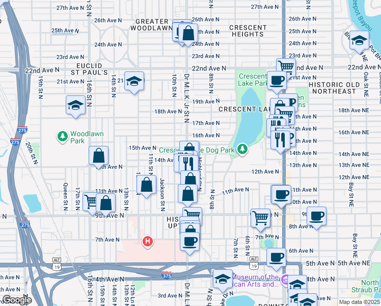 map of restaurants, bars, coffee shops, grocery stores, and more near 1432 9th Street North in St. Petersburg