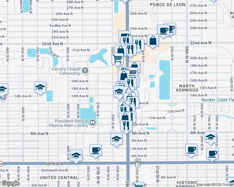 map of restaurants, bars, coffee shops, grocery stores, and more near 1425 35th Street North in St. Petersburg