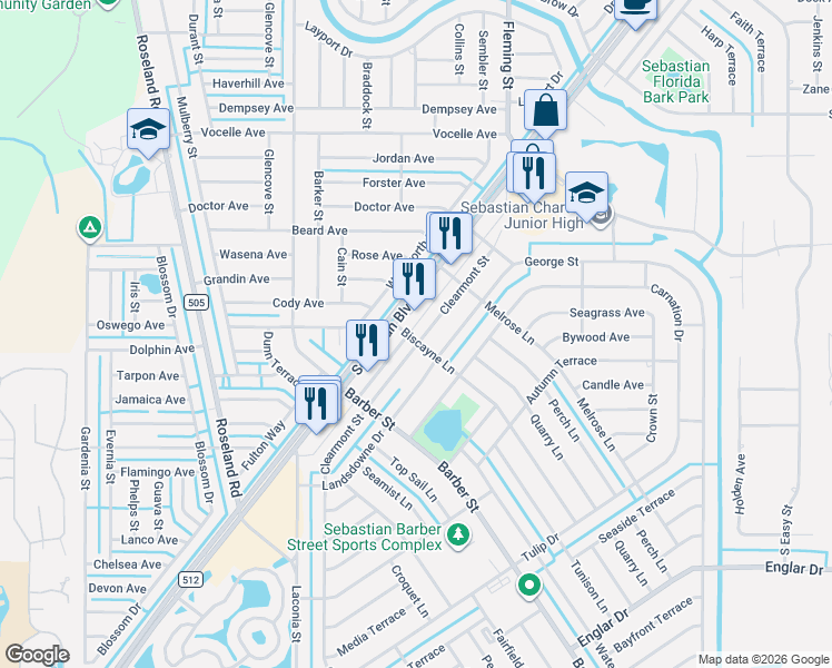 map of restaurants, bars, coffee shops, grocery stores, and more near 898 Clearmont Street in Sebastian