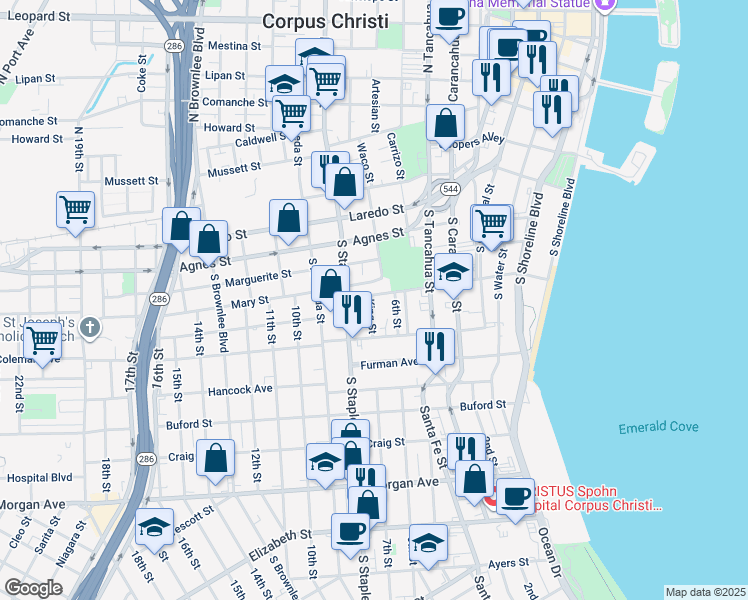 map of restaurants, bars, coffee shops, grocery stores, and more near 911 Park Avenue in Corpus Christi