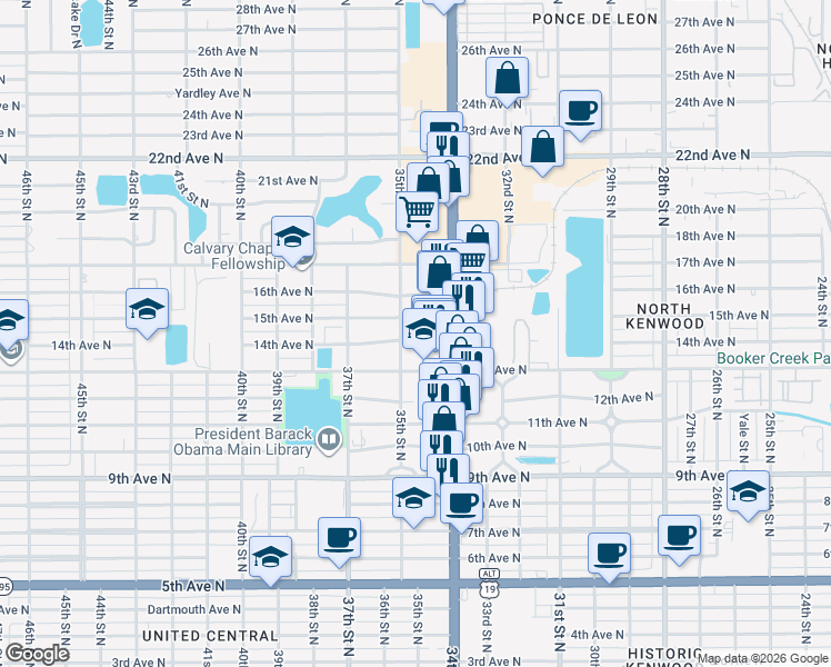 map of restaurants, bars, coffee shops, grocery stores, and more near 1425 35th Street North in St. Petersburg