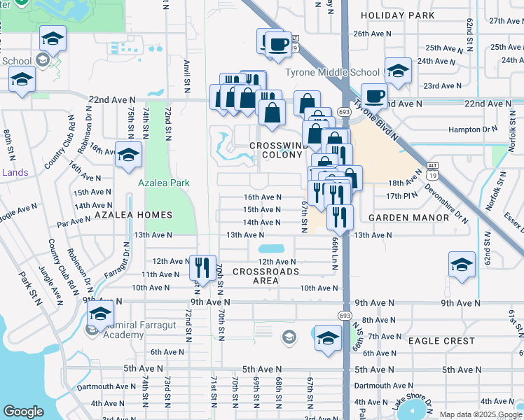 map of restaurants, bars, coffee shops, grocery stores, and more near 6798 15th Avenue North in Saint Petersburg