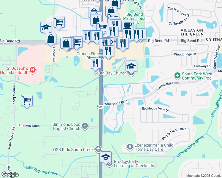 map of restaurants, bars, coffee shops, grocery stores, and more near 10506 Opus Drive in Riverview