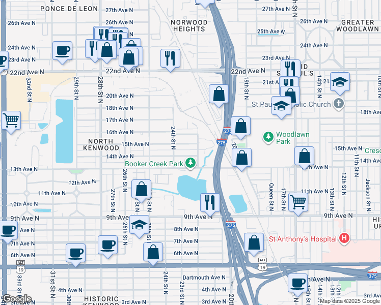 map of restaurants, bars, coffee shops, grocery stores, and more near 2225 14th Ave N in St Petersburg