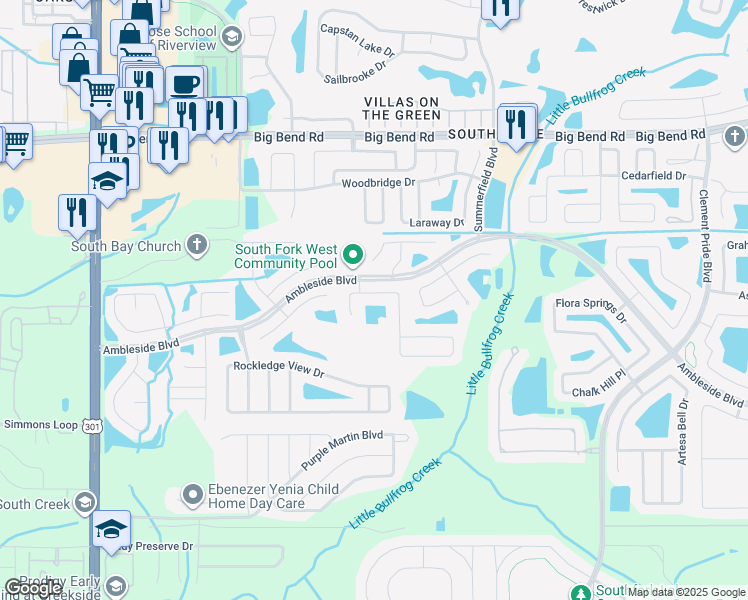map of restaurants, bars, coffee shops, grocery stores, and more near 11011 Golden Silence Drive in Riverview