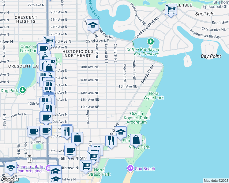 map of restaurants, bars, coffee shops, grocery stores, and more near 1400 Cherry Street Northeast in St. Petersburg