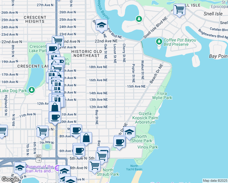 map of restaurants, bars, coffee shops, grocery stores, and more near 365 14th Avenue Northeast in St. Petersburg
