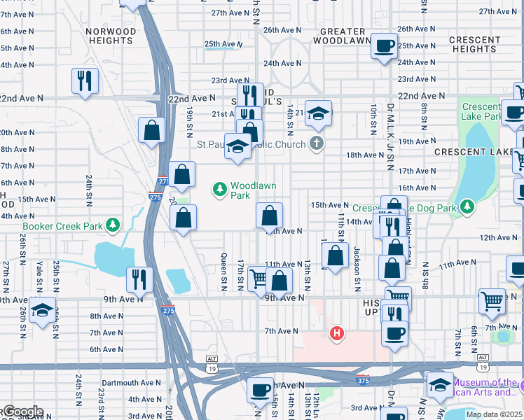 map of restaurants, bars, coffee shops, grocery stores, and more near 1401 16th Street North in Saint Petersburg