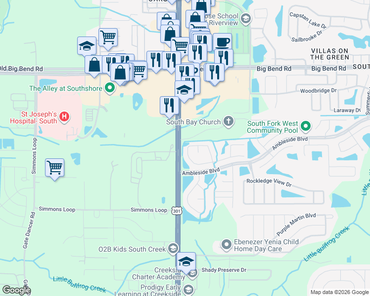 map of restaurants, bars, coffee shops, grocery stores, and more near 10519 Opus Drive in Riverview