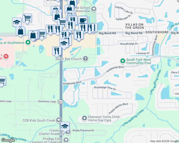 map of restaurants, bars, coffee shops, grocery stores, and more near 13514 Padron Court in Riverview