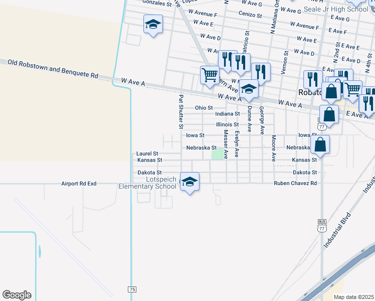 map of restaurants, bars, coffee shops, grocery stores, and more near 1028 Nebraska Street in Robstown
