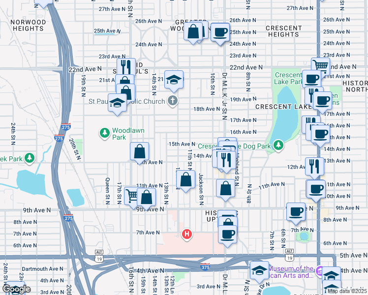 map of restaurants, bars, coffee shops, grocery stores, and more near 1114 15th Avenue North in St. Petersburg