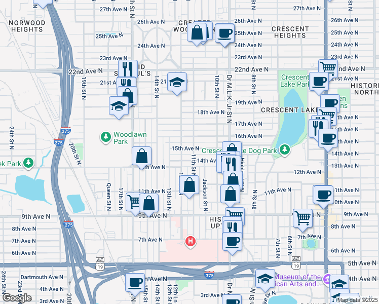 map of restaurants, bars, coffee shops, grocery stores, and more near 1114 15th Avenue North in Saint Petersburg