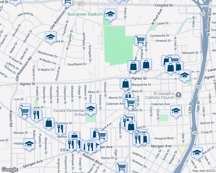 map of restaurants, bars, coffee shops, grocery stores, and more near 2931 Marguerite Street in Corpus Christi