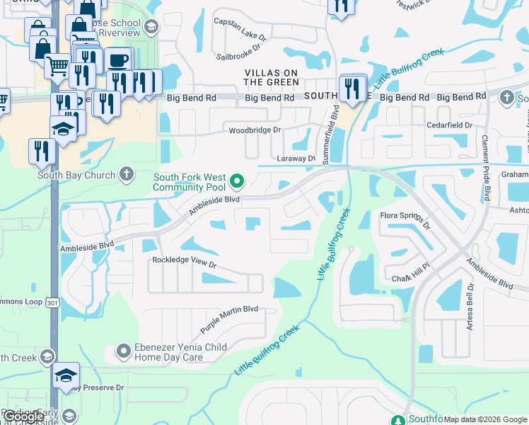 map of restaurants, bars, coffee shops, grocery stores, and more near 11023 Golden Silence Drive in Riverview