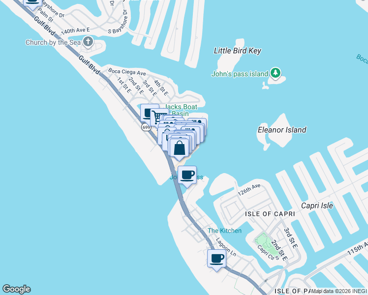 map of restaurants, bars, coffee shops, grocery stores, and more near 110 129th Avenue East in Madeira Beach