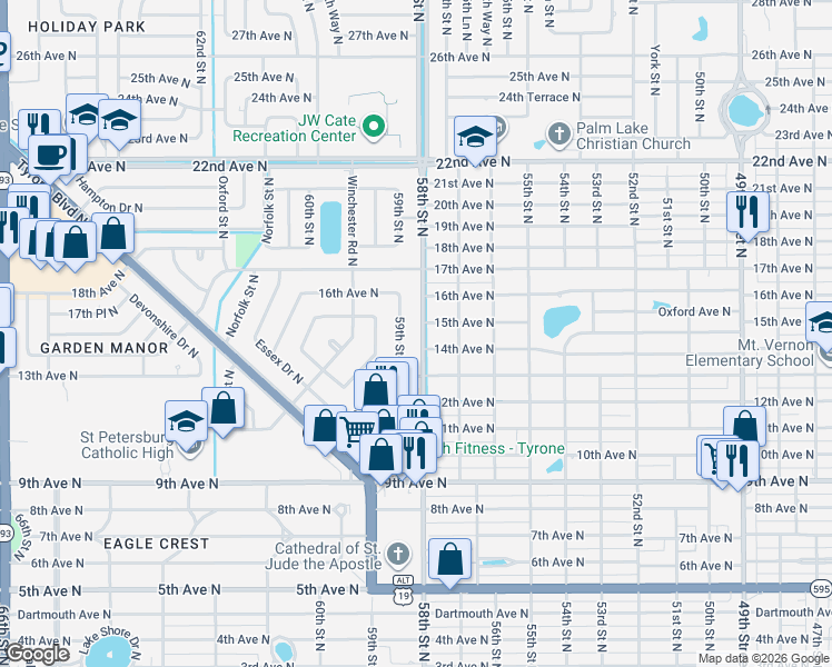map of restaurants, bars, coffee shops, grocery stores, and more near 1417 59th Street North in St. Petersburg