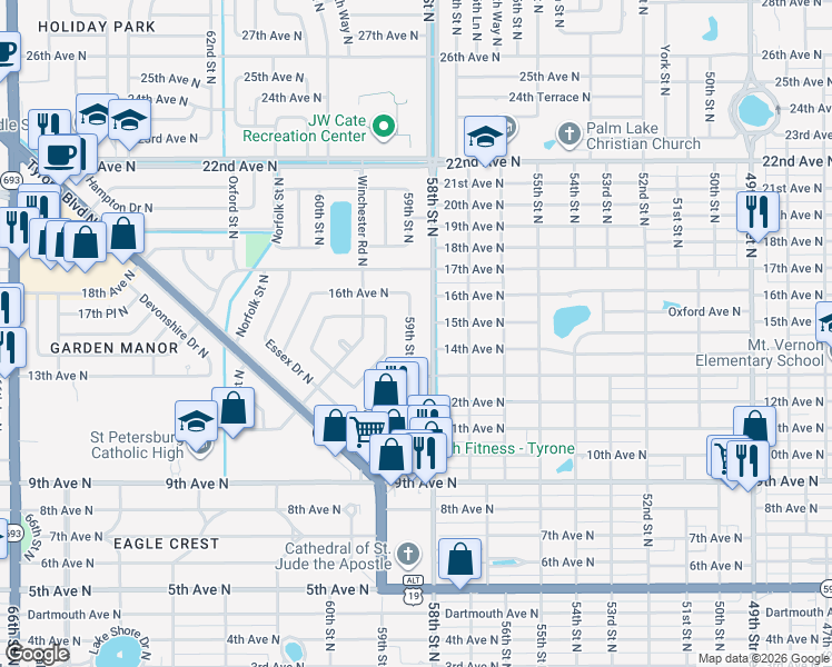 map of restaurants, bars, coffee shops, grocery stores, and more near 1417 59th Street North in St. Petersburg