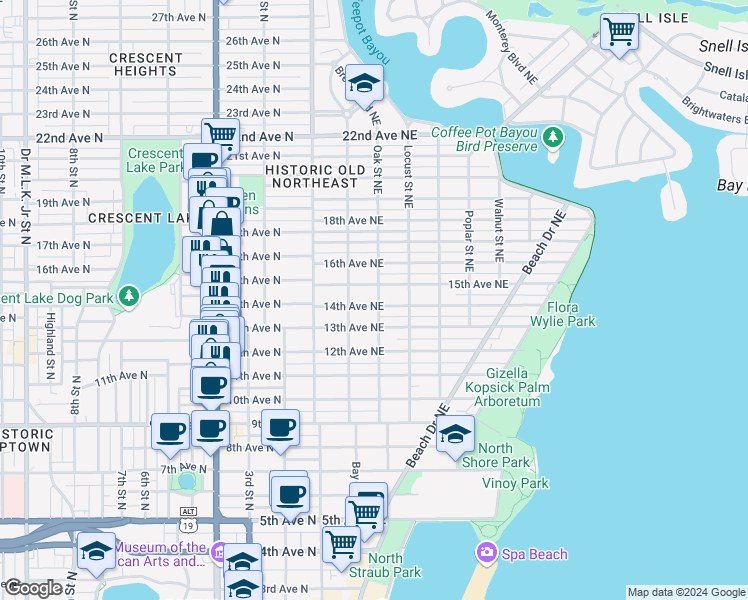 map of restaurants, bars, coffee shops, grocery stores, and more near 1400 Oak Street Northeast in St. Petersburg