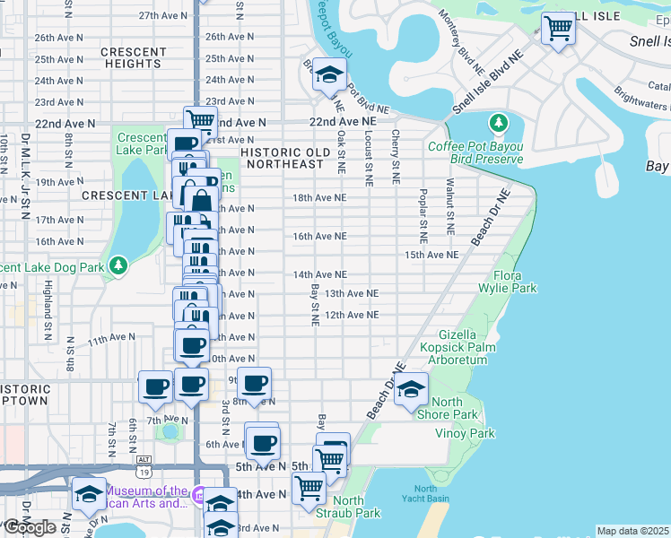 map of restaurants, bars, coffee shops, grocery stores, and more near 255 14th Avenue Northeast in St. Petersburg