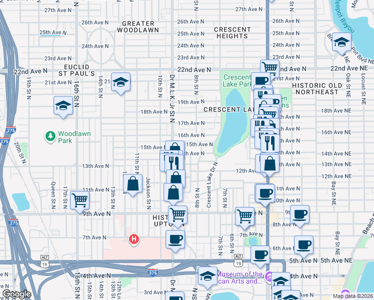 map of restaurants, bars, coffee shops, grocery stores, and more near 1401 Highland Street North in St. Petersburg