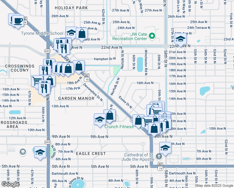 map of restaurants, bars, coffee shops, grocery stores, and more near 1400 Essex Drive North in St. Petersburg