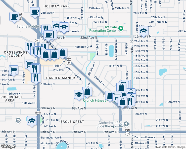 map of restaurants, bars, coffee shops, grocery stores, and more near 1400 Essex Dr N in St Petersburg