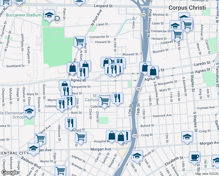 map of restaurants, bars, coffee shops, grocery stores, and more near 504 20th Street in Corpus Christi
