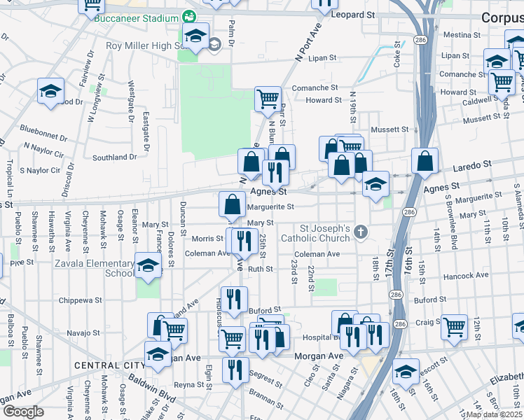 map of restaurants, bars, coffee shops, grocery stores, and more near 2715 Marguerite Street in Corpus Christi