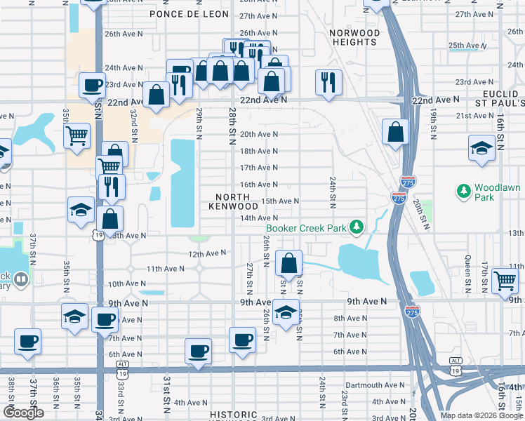 map of restaurants, bars, coffee shops, grocery stores, and more near 1418 26th Street North in St. Petersburg
