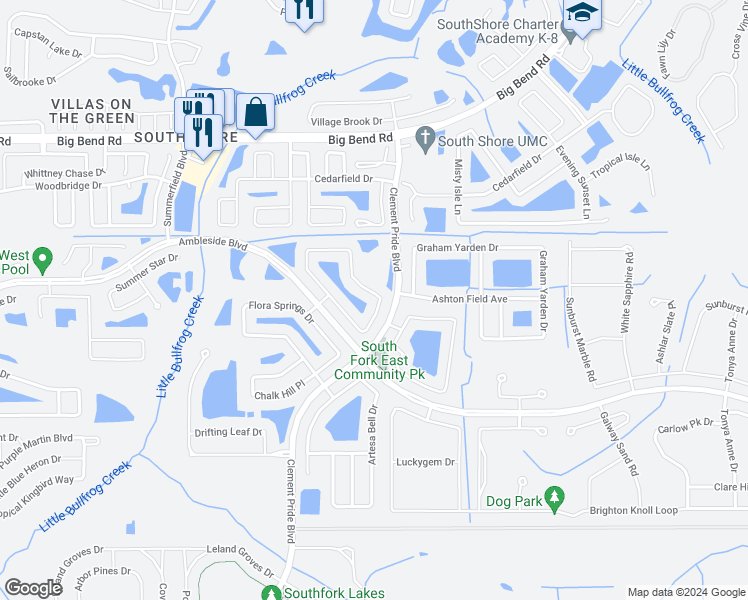 map of restaurants, bars, coffee shops, grocery stores, and more near 11417 CallaWay Pond Drive in Riverview