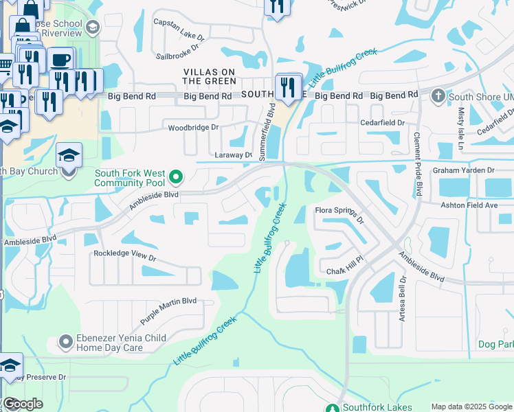 map of restaurants, bars, coffee shops, grocery stores, and more near 13624 Silver Charm Court in Riverview