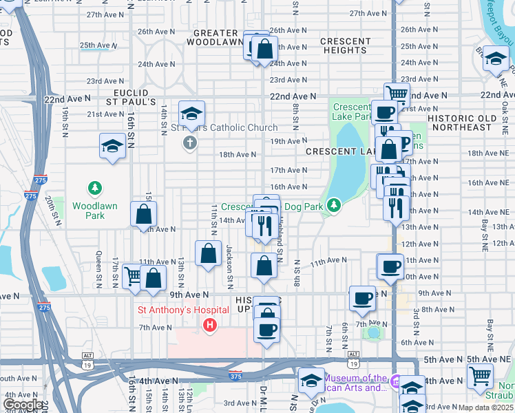 map of restaurants, bars, coffee shops, grocery stores, and more near 1432 9th Street North in St. Petersburg