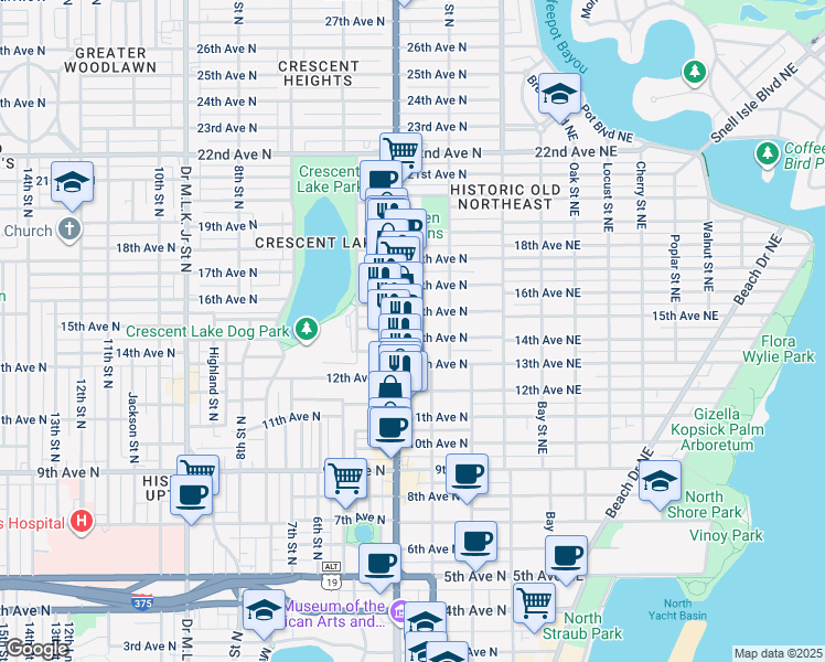 map of restaurants, bars, coffee shops, grocery stores, and more near 311 14th Avenue North in St. Petersburg